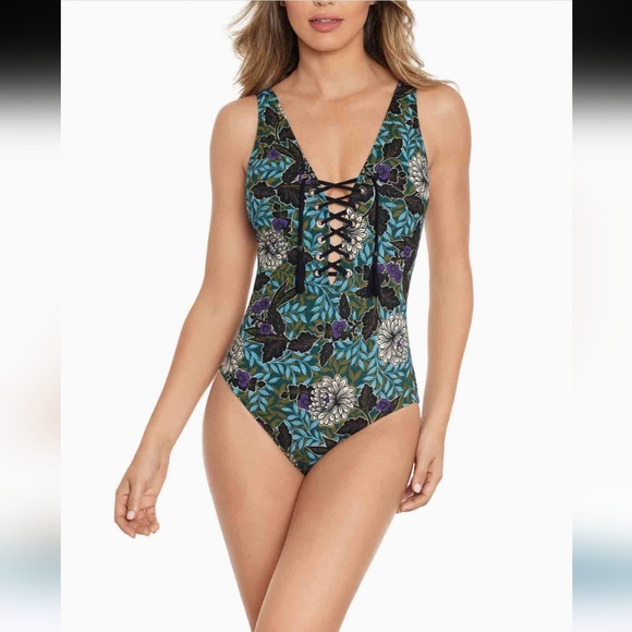 AMORESSA For MIRACLESUIT In Rhiannon Floral Lace-Up One-Piece Swimsuit 8 NWT - Picture 2 of 8